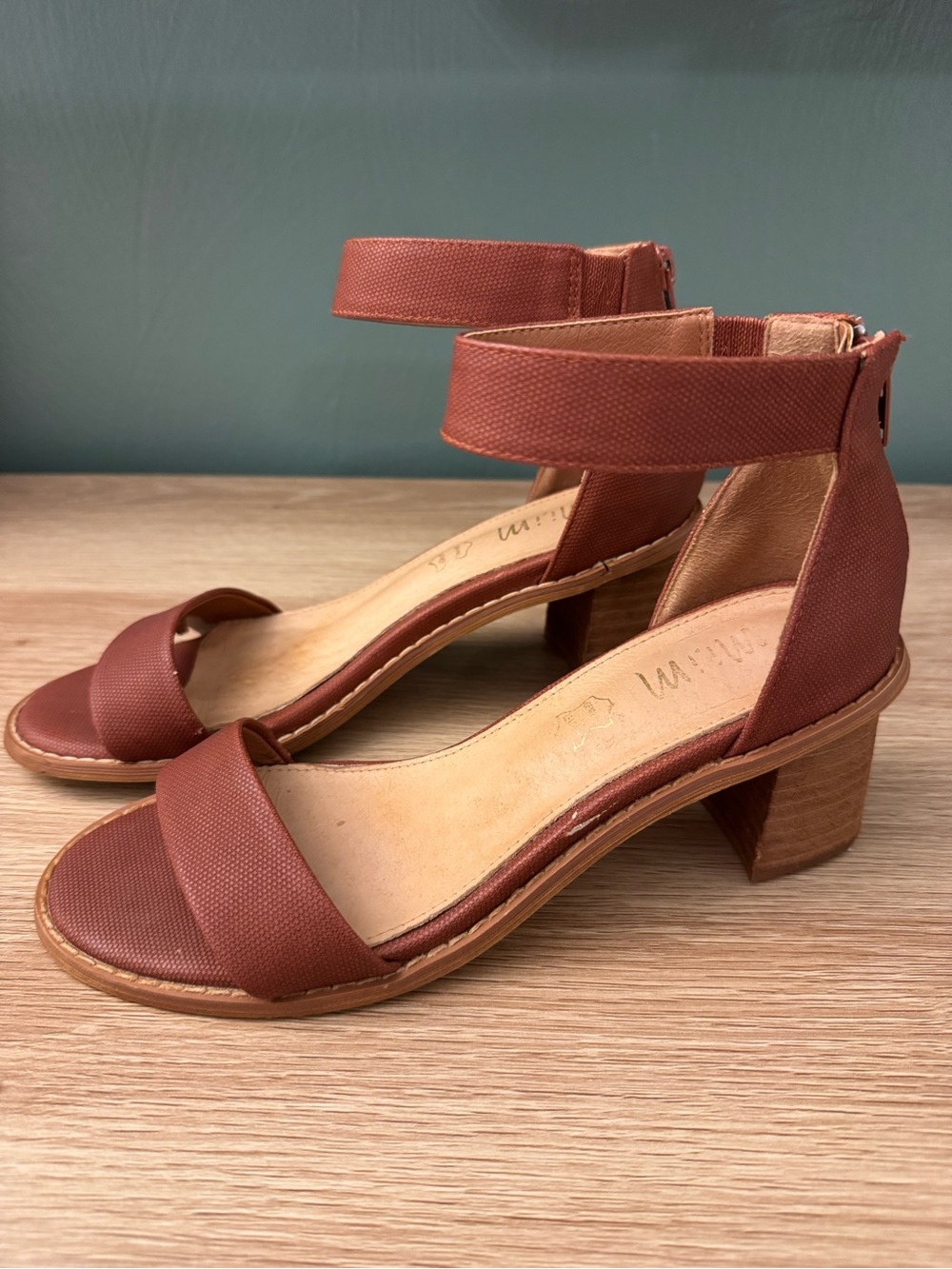 Miim Classic Ankle-Strap Block Heel Sandals in Rust Brown